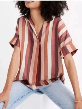 Madewell Courier Button-Back Shirt Rainbow Stripe Brown Short Sleeve Size Medium